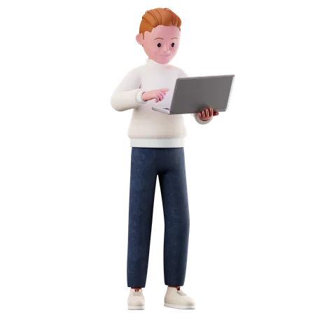 Young Boy Character Using A Laptop  3D Illustration