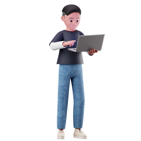 Young Boy Character Using A Laptop  3D Illustration