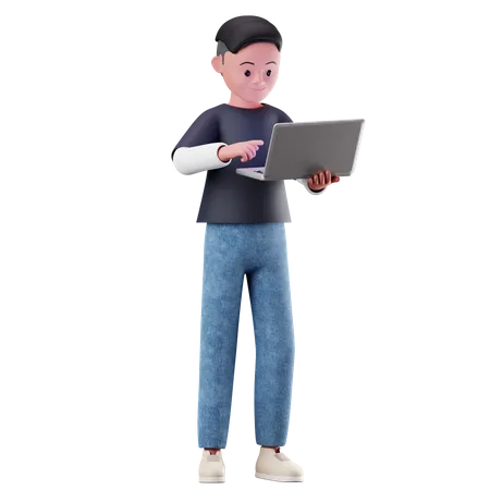 Young Boy Character Using A Laptop  3D Illustration