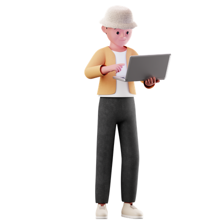 Young Boy Character Using A Laptop  3D Illustration