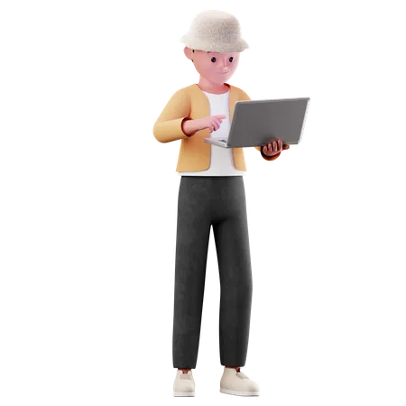 Young Boy Character Using A Laptop  3D Illustration