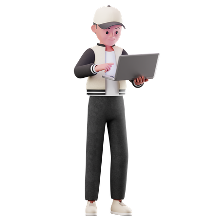 Young Boy Character Using A Laptop  3D Illustration