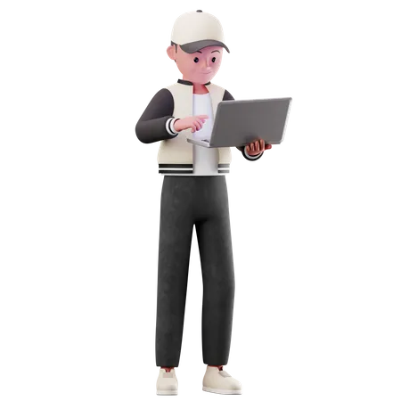 Young Boy Character Using A Laptop  3D Illustration