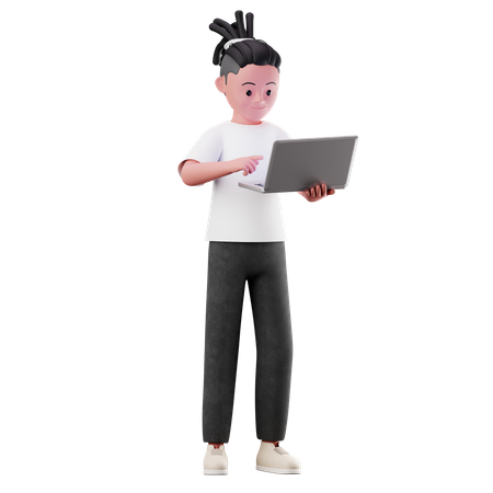 Young Boy Character Using a Laptop 3D Illustration