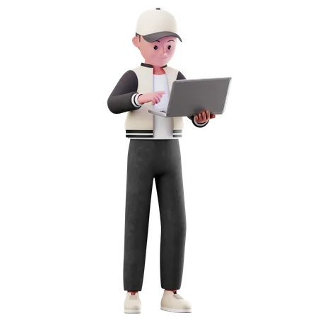 Young Boy Character Using A Laptop 3D Illustration