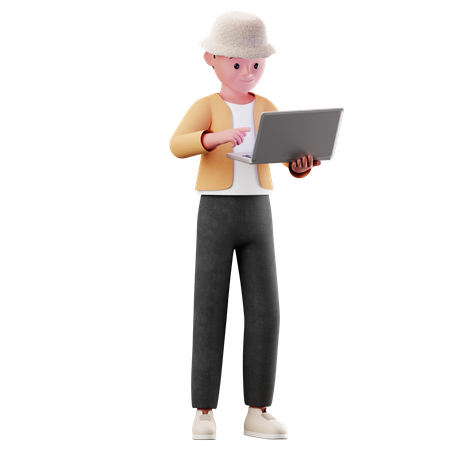 Young Boy Character Using A Laptop 3D Illustration