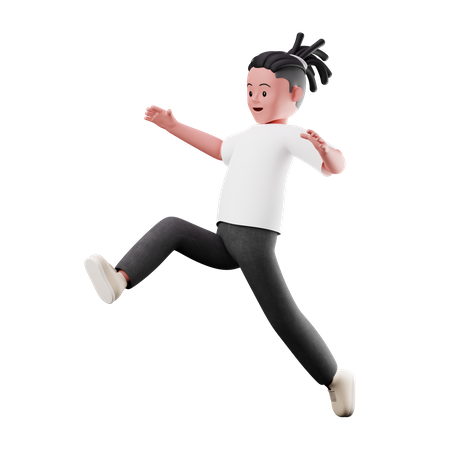 Young Boy Character with Long Jumping Pose  3D Illustration