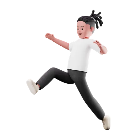 Young Boy Character with Long Jumping Pose  3D Illustration