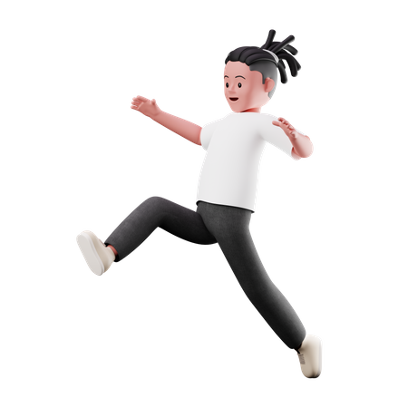 Young Boy Character with Long Jumping Pose 3D Illustration