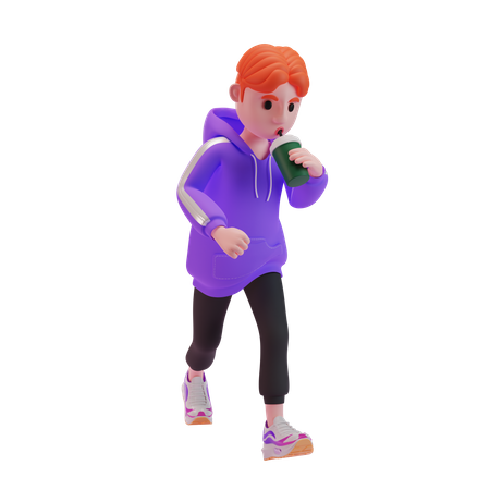 Young boy drinking coffee while walking 3D Illustration