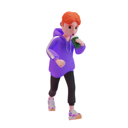 Young boy drinking coffee while walking 3D Illustration