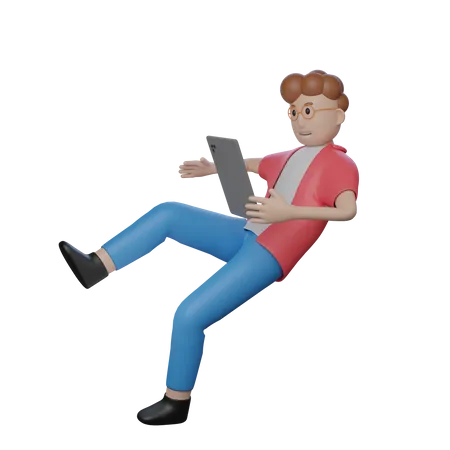 Young Boy Floating In Air With Tablet  3D Illustration