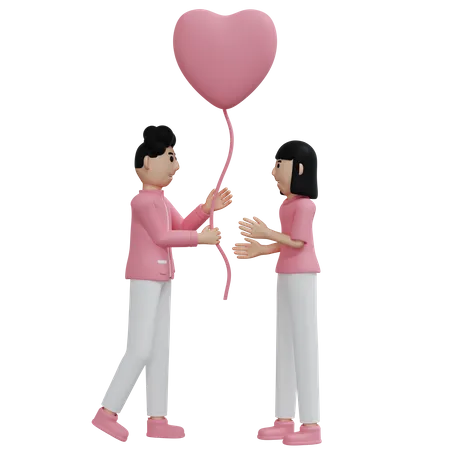 Young boy giving heart balloon to girl  3D Illustration