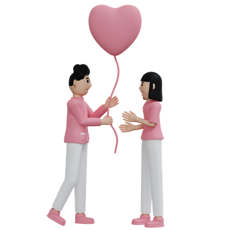 Young boy giving heart balloon to girl  3D Illustration