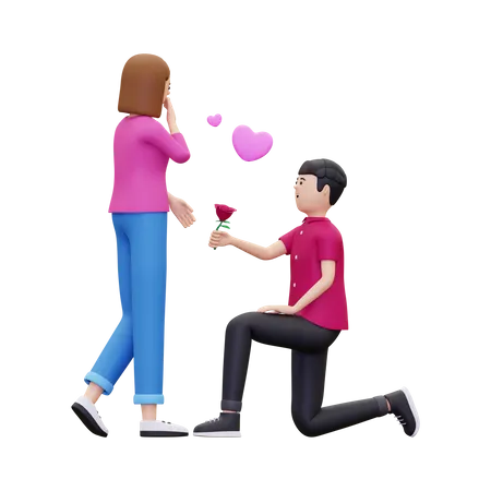 Young boy giving rose to girl 3D Illustration