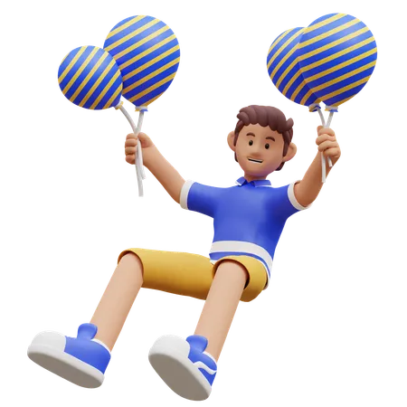 Young Boy Holding Balloons  3D Illustration