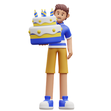 Young Boy Holding Cake  3D Illustration
