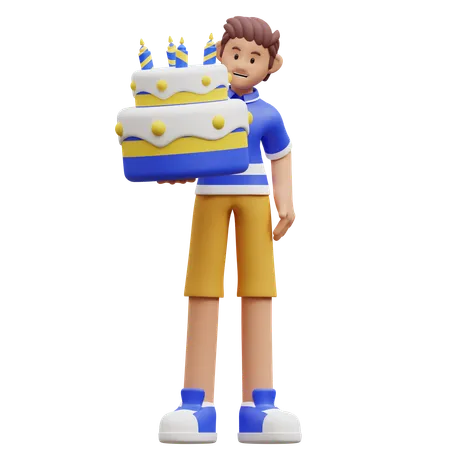 Young Boy Holding Cake  3D Illustration