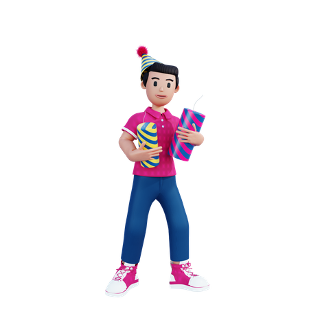 Young Boy Holding Firecrackers In Hand  3D Illustration