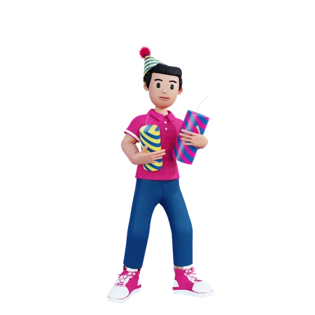 Young Boy Holding Firecrackers In Hand  3D Illustration