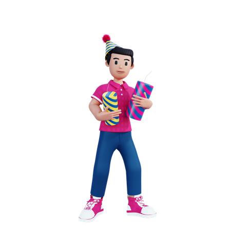 Young Boy Holding Firecrackers In Hand 3D Illustration