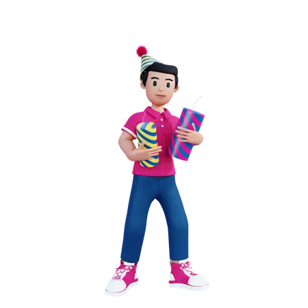 Young Boy Holding Firecrackers In Hand 3D Illustration