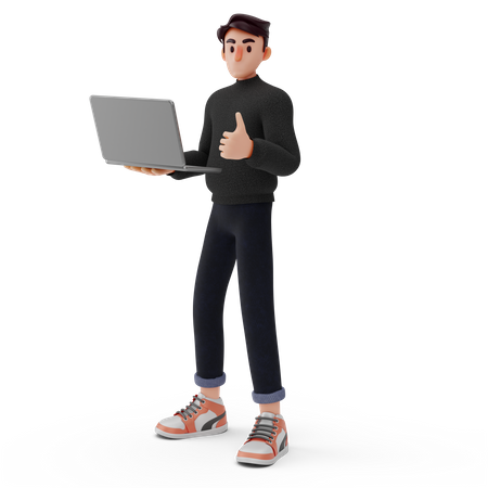 Young boy holding laptop and showing thumb up  3D Icon