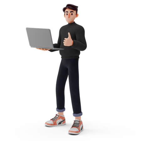 Young boy holding laptop and showing thumb up  3D Illustration