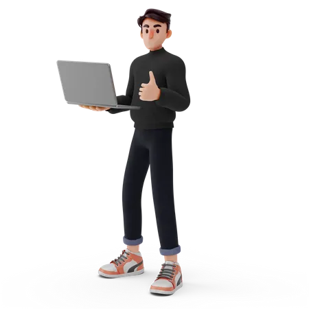 Young boy holding laptop and showing thumb up  3D Illustration