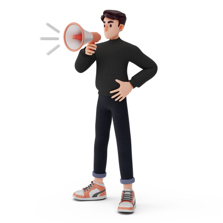 Young boy holding megaphone and announcing something  3D Illustration