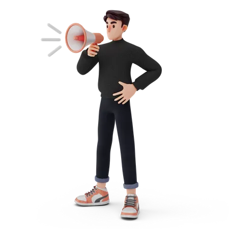 Young boy holding megaphone and announcing something  3D Illustration