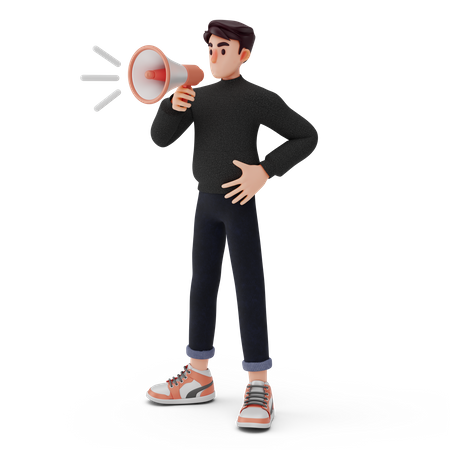 Young boy holding megaphone and announcing something 3D Illustration