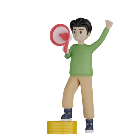 Young boy holding megaphone and doing financial marketing  3D Illustration