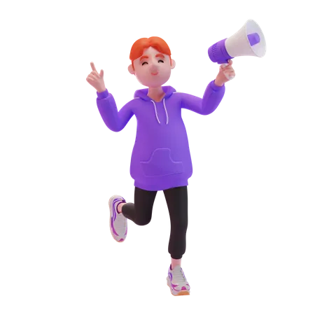 Young boy holding megaphone and feeling happy 3D Illustration