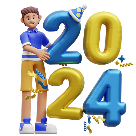 Young Boy Holding New Year Balloons  3D Illustration