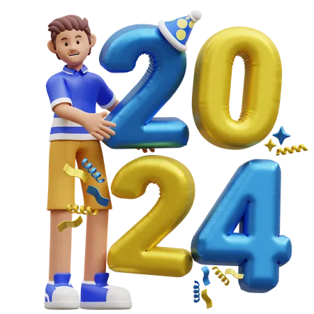 Young Boy Holding New Year Balloons  3D Illustration