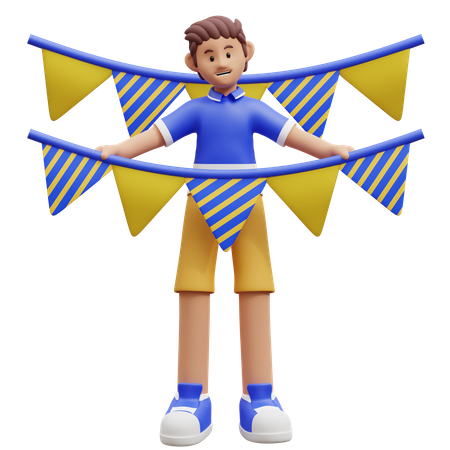 Young Boy Holding Party Flag  3D Illustration