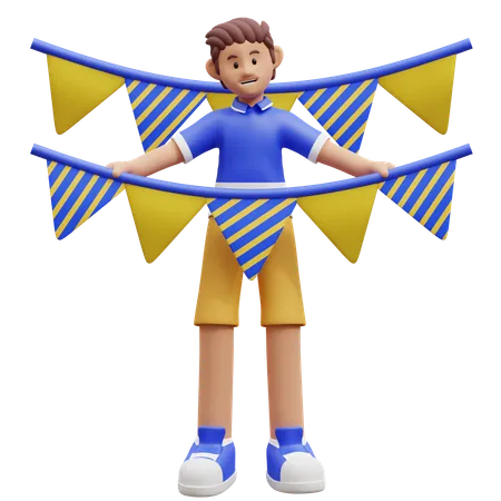 Young Boy Holding Party Flag  3D Illustration