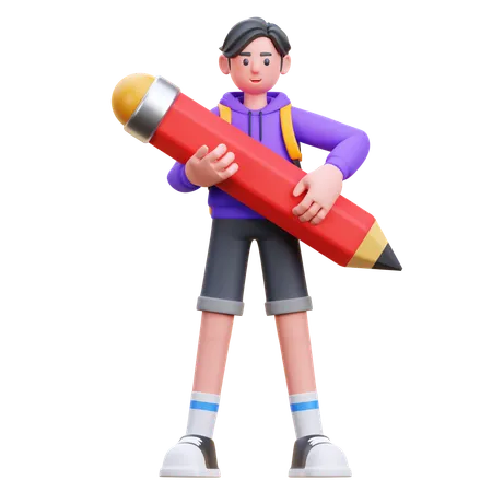 Young Boy Holding Pencil  3D Illustration