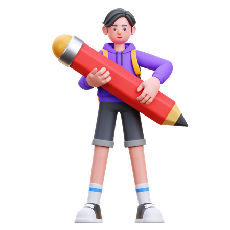 Young Boy Holding Pencil  3D Illustration