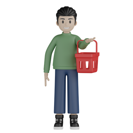 Young boy holding shopping basket  3D Illustration