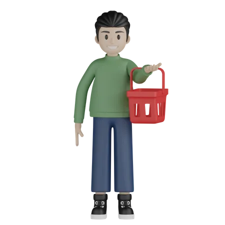 Young boy holding shopping basket  3D Illustration