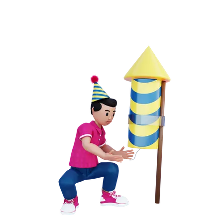 Young boy ignite firecracker rocket  3D Illustration