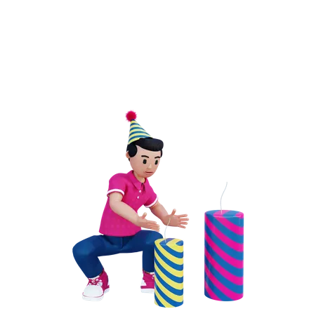 Young boy ignite firecrackers  3D Illustration