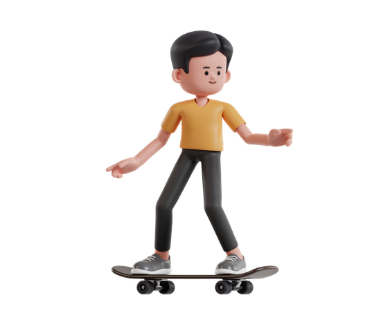 Young Boy In Yellow Shirt Playing Skateboard  3D Illustration