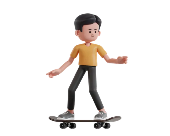 Young Boy In Yellow Shirt Playing Skateboard  3D Illustration