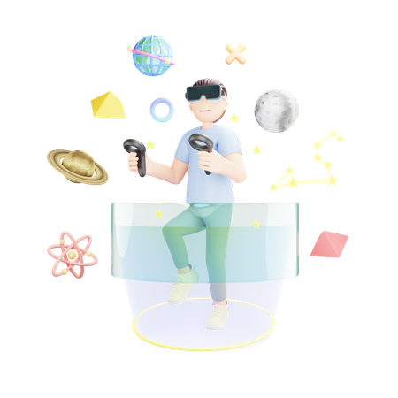 Young boy is exploring the virtual reality world  3D Illustration