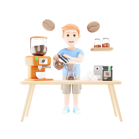 Young boy is making coffee  3D Illustration
