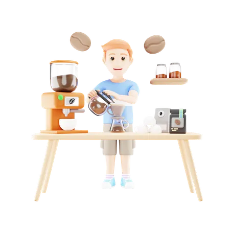 Young boy is making coffee  3D Illustration