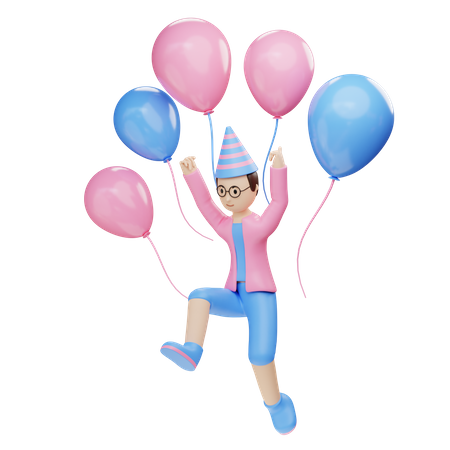 Young boy jump with balloons 3D Illustration